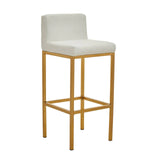 White bar stool with gold metal frame and low backrest, side angle view