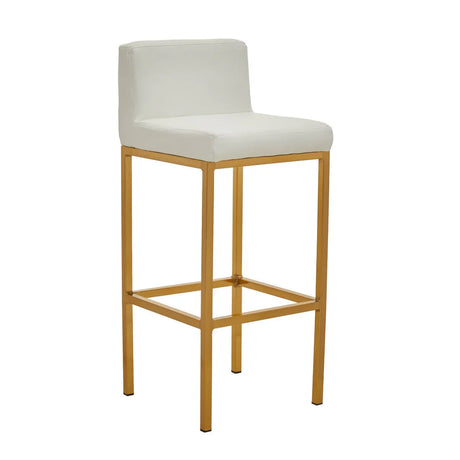 White bar stool with gold metal frame and low backrest, side angle view