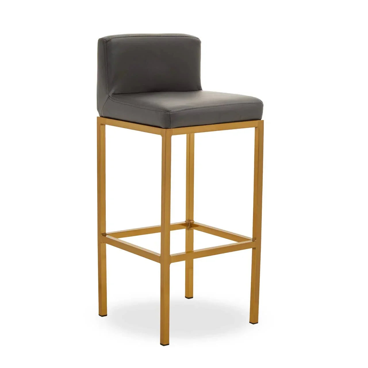 Modern bar stool with grey seat and gold metal frame, low backrest, side angle view