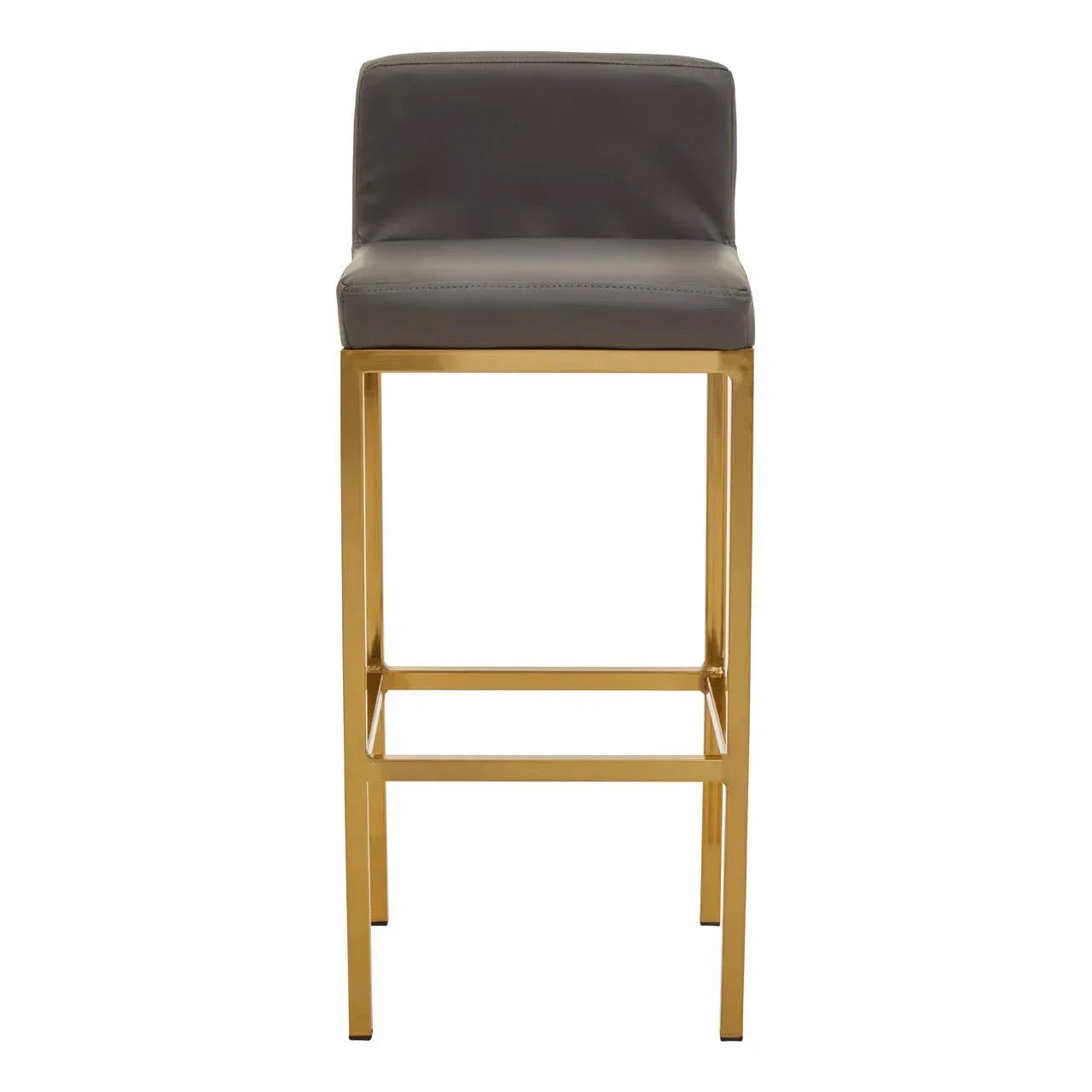 Grey leather bar stool with gold metal frame and footrest, front view