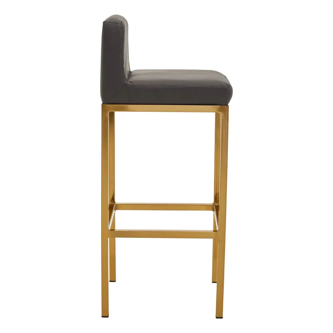 Side view of bar stool with gold metal frame and grey faux leather seat