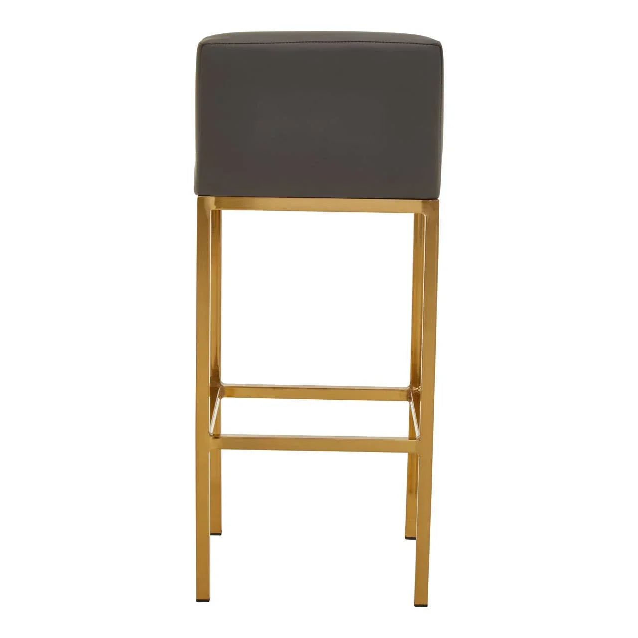 Grey bar stool with gold metal legs and square seat, rear view