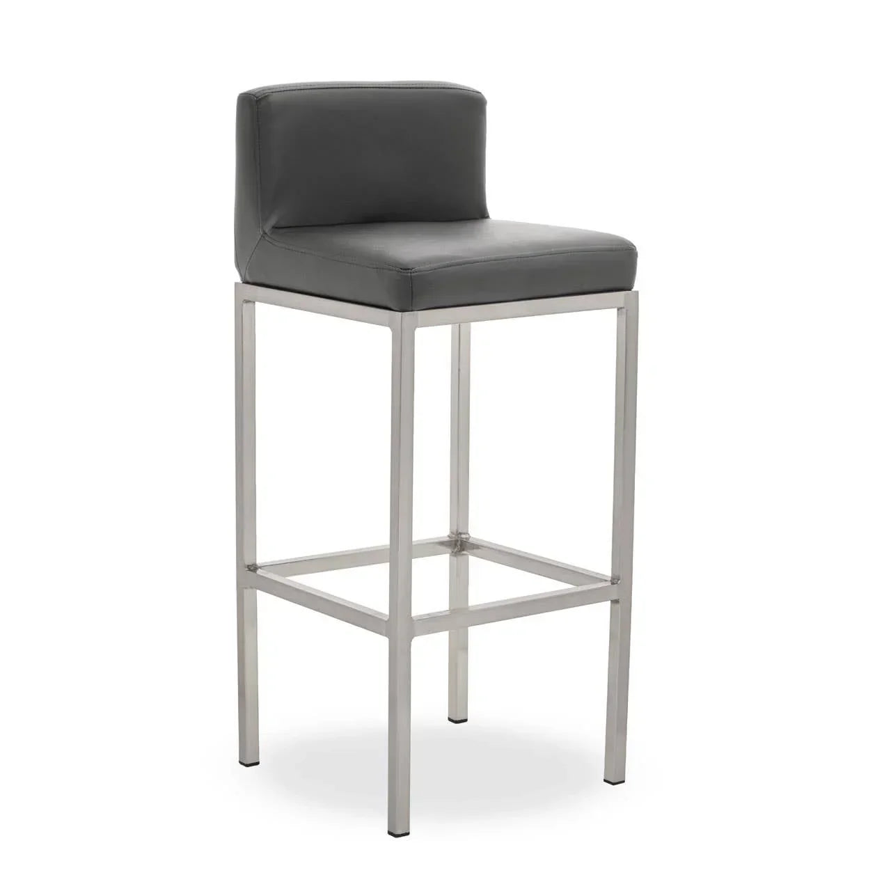 Grey faux leather bar stool with stainless steel frame and low backrest