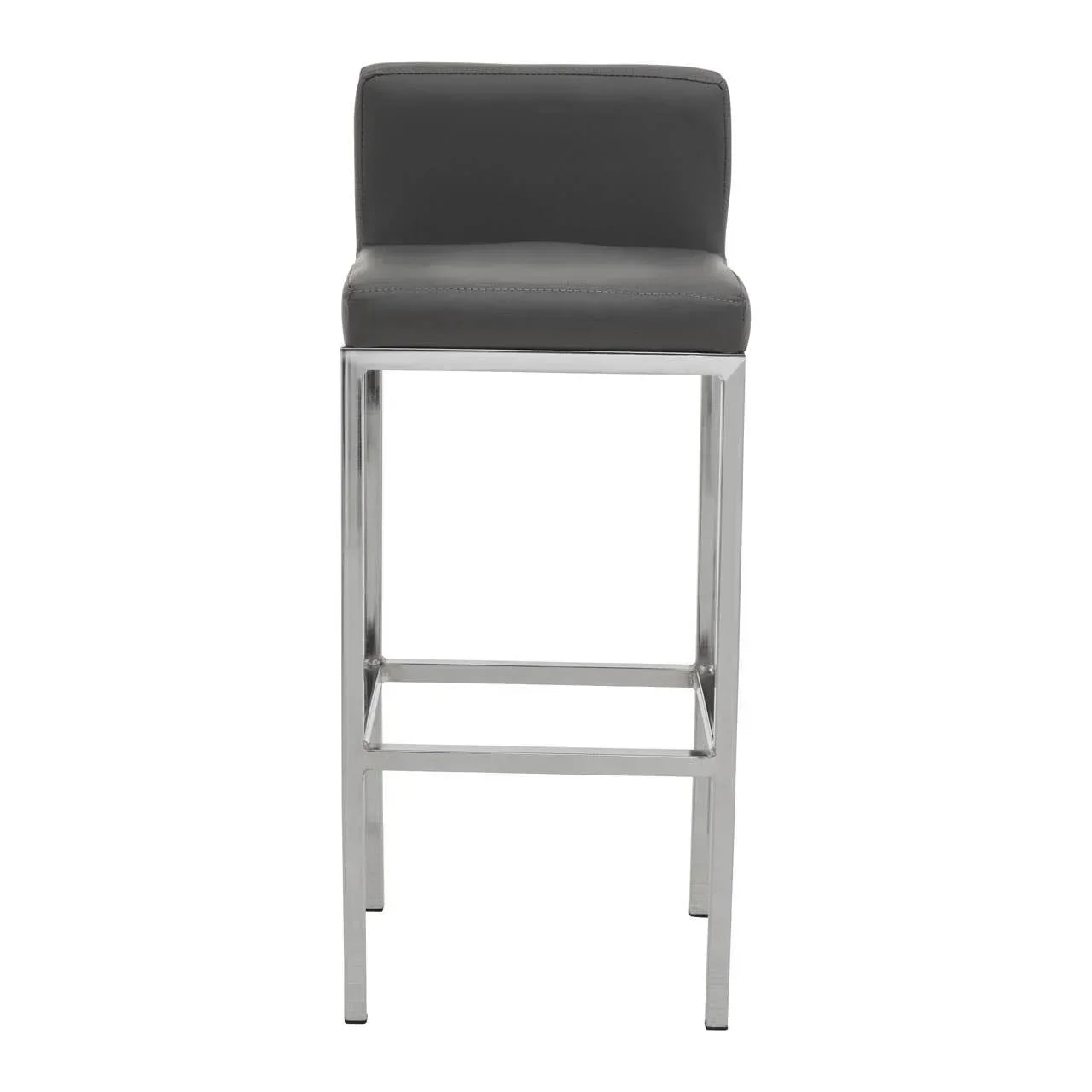 Grey bar stool with chrome legs and low backrest, front view