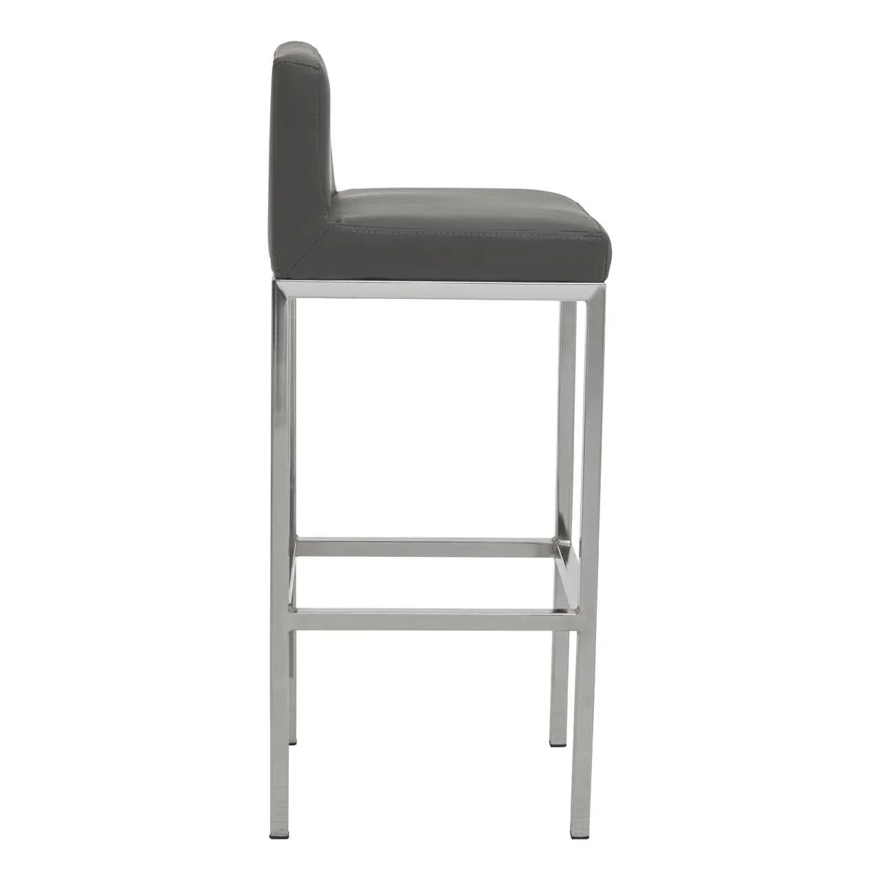 Grey bar stool with padded seat and chrome legs, side profile view