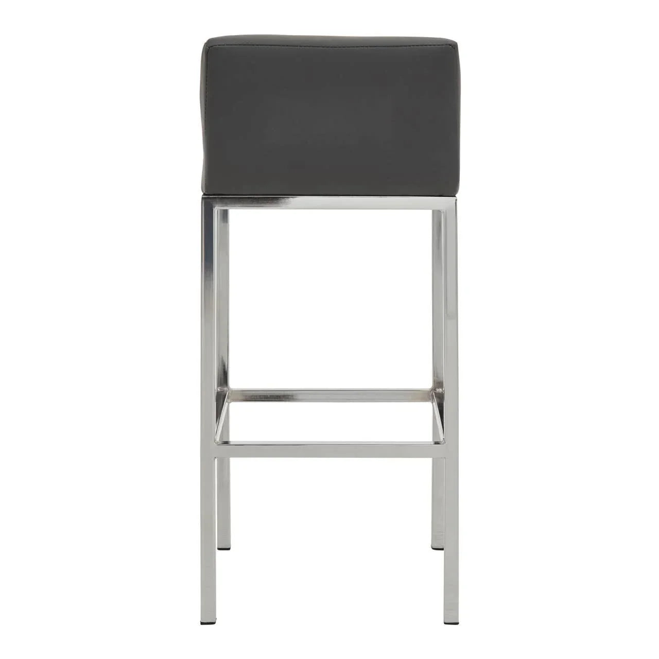 Front view of grey bar stool with chrome legs and padded seat