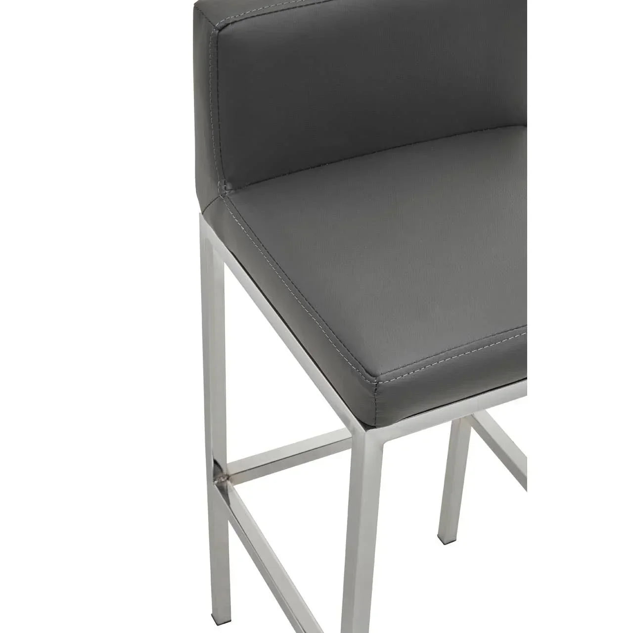 Grey leather bar stool with stainless steel legs, angled view highlighting seat and backrest