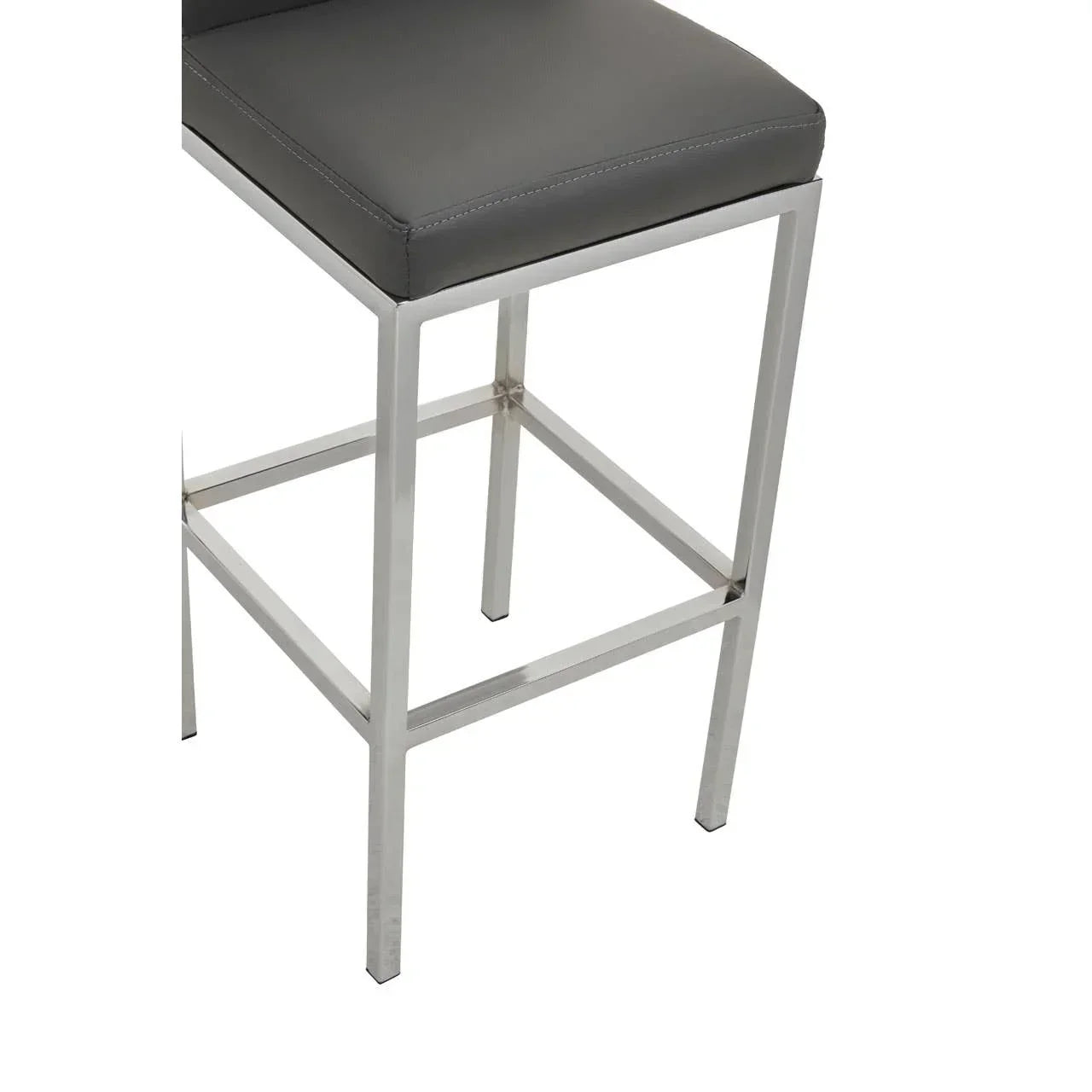 Grey faux leather bar stool with chrome legs and square seat, side angle view