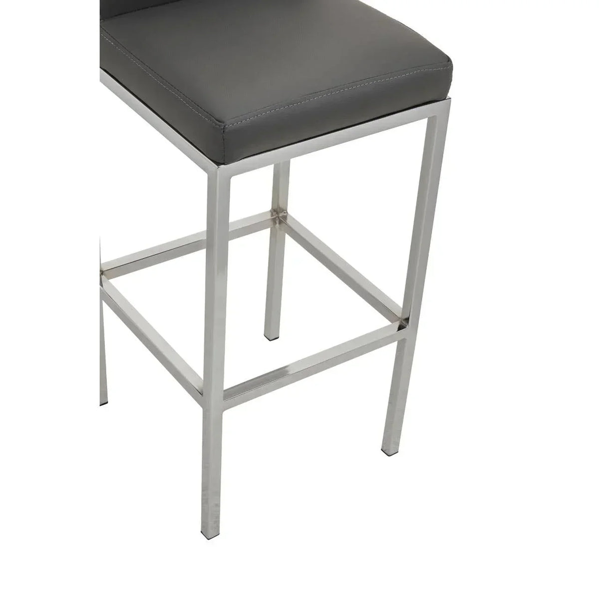 Grey faux leather bar stool with chrome legs and square seat, side angle view