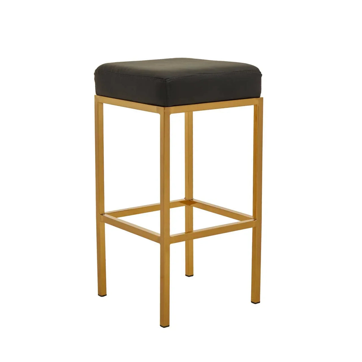 Black bar stool with gold metal frame and square padded seat, modern kitchen seating