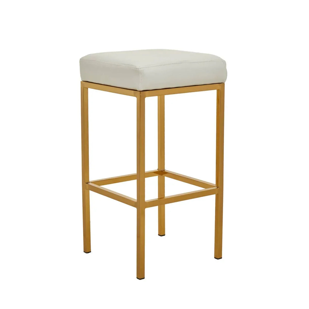 Gold metal bar stool with white padded seat and square frame