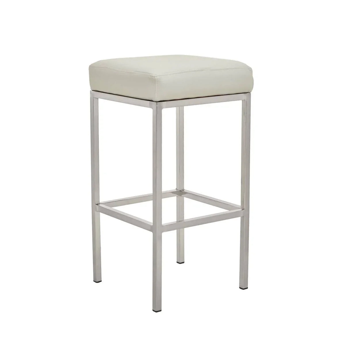 White leather bar stool with chrome metal frame and square padded seat
