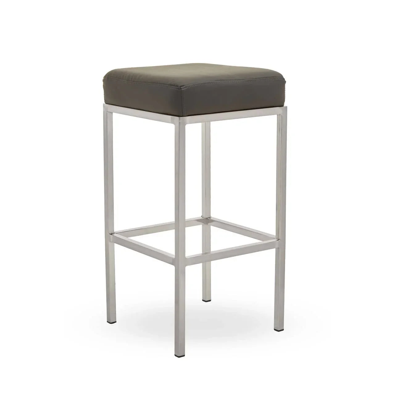 Grey leather bar stool with chrome metal legs and square footrest, angled side view