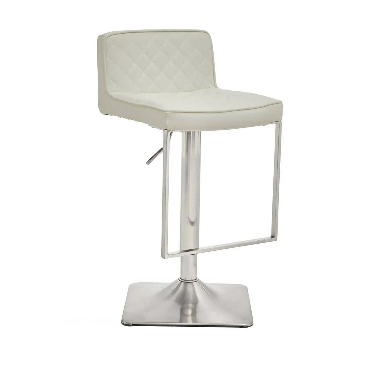 Cream quilted bar stool with steel frame legs, angled view showing gas lift lever