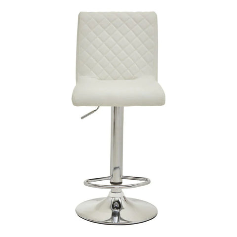 White faux leather bar stool with chrome base and quilted backrest, front view