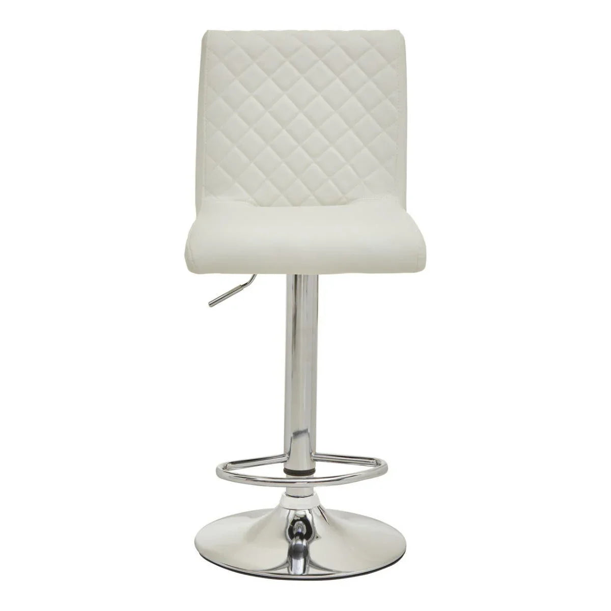 White faux leather bar stool with chrome base and quilted backrest, front view