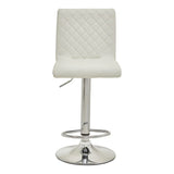White faux leather bar stool with chrome base and quilted backrest, front view