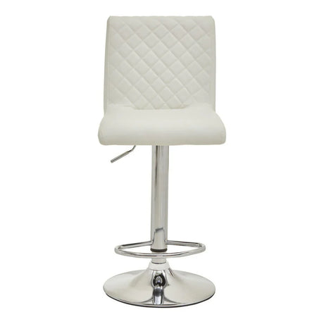 White faux leather bar stool with chrome base and quilted backrest, front view