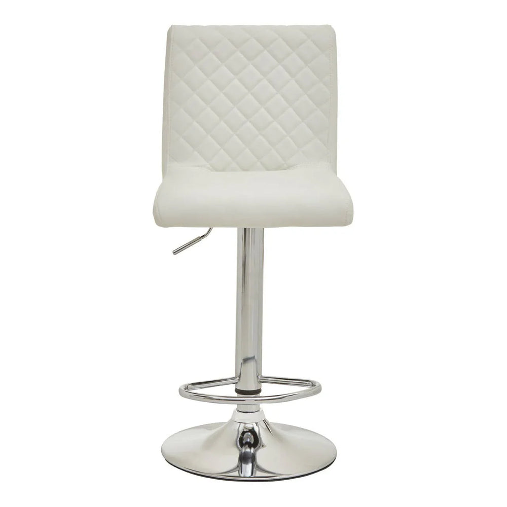 White bar stool with quilted backrest, chrome base, and footrest, front view