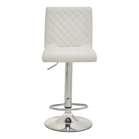 White bar stool with quilted backrest, chrome base, and footrest, front view