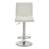 White bar stool with quilted backrest, chrome base, and footrest, front view