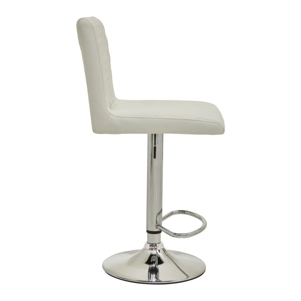 White bar stool with cushioned seat and chrome base, side view