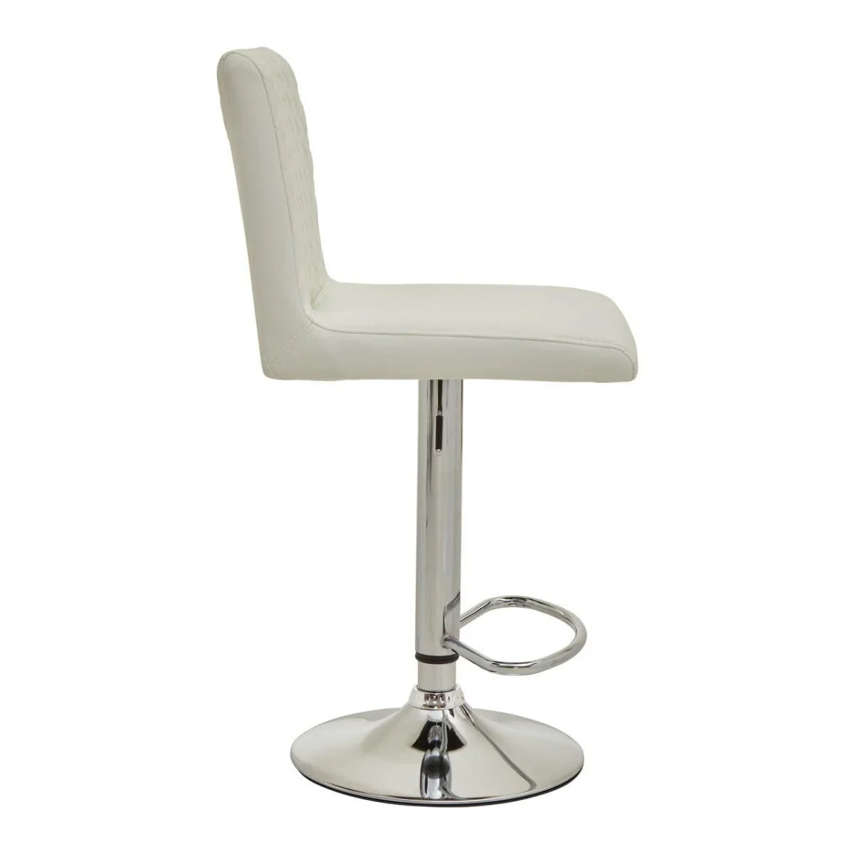 White bar stool with cushioned seat and chrome base, side view