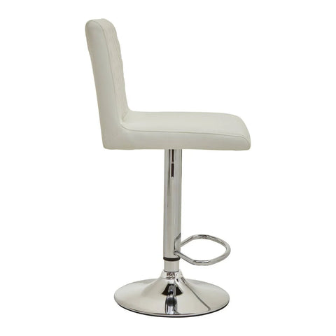 White leather bar stool with chrome base and footrest, side profile view