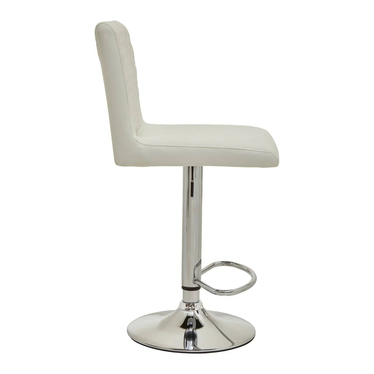 White leather bar stool with chrome base and footrest, side profile view