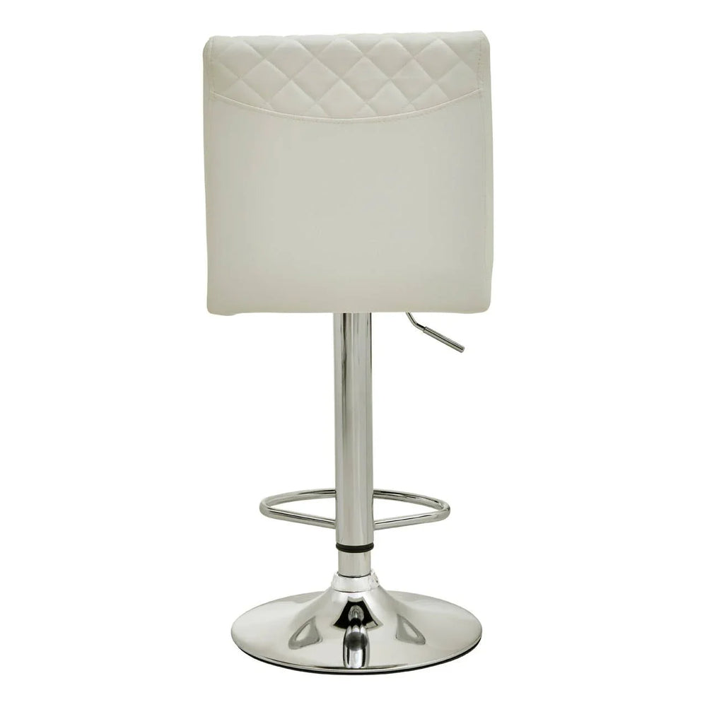 White bar stool with quilted backrest and chrome base, rear view