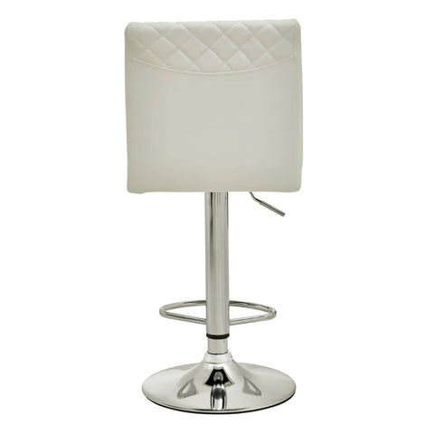 White bar stool with quilted backrest and chrome base, rear view