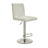 White bar stool with chrome base and quilted backrest, side view