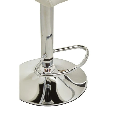 Chrome bar stool base with round footrest and cream seat corner detail