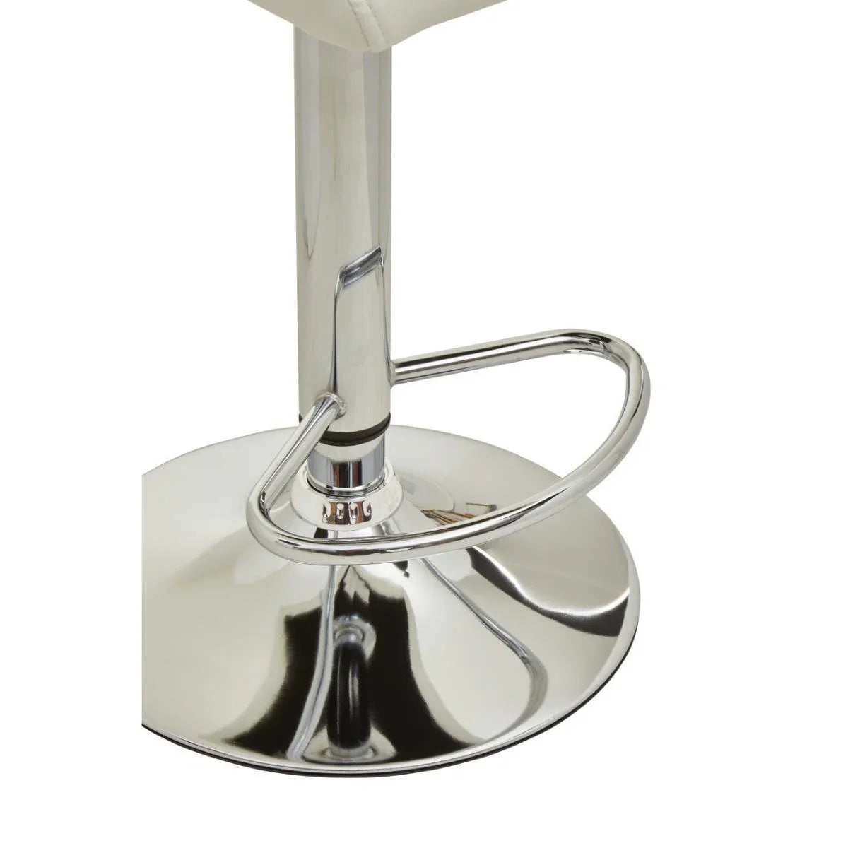 Chrome bar stool base with round footrest and cream seat corner detail