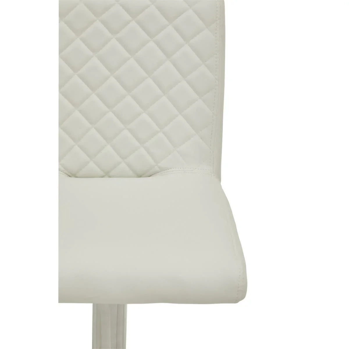 White faux leather dining chair with quilted backrest and chrome leg, close up view
