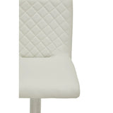 White faux leather dining chair with quilted backrest and chrome leg, close up view