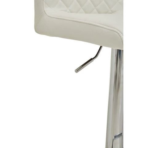 White bar stool with quilted seat and chrome gas lift base, close-up view