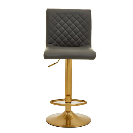 Grey bar stool with quilted backrest and gold metal base, front view