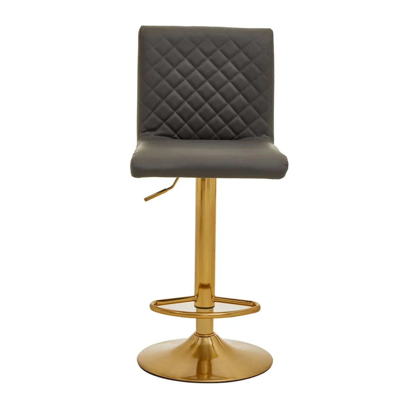 Grey bar stool with quilted back and gold metal base, front view