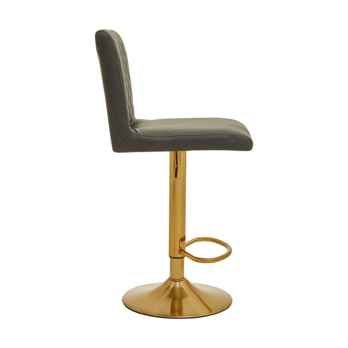 Grey leather bar stool with gold metal base and footrest, side profile view