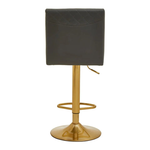 Bar stool with gold base and quilted dark grey backrest, rear view