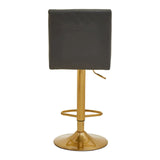 Rear view of bar stool with grey padded backrest and gold metal base