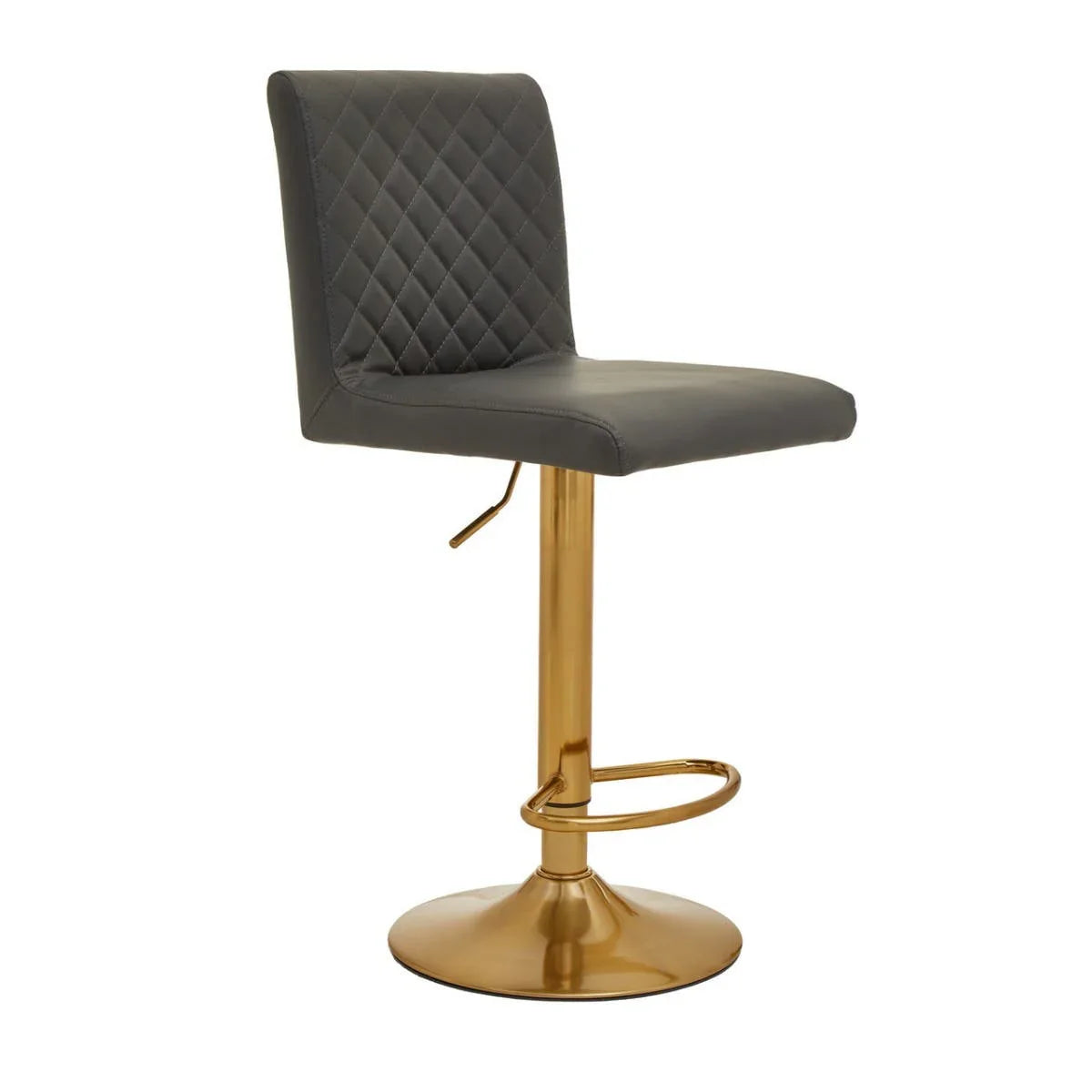 Grey bar stool with quilted backrest and gold metal base, side view