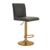 Grey bar stool with quilted backrest and gold metal base, side view