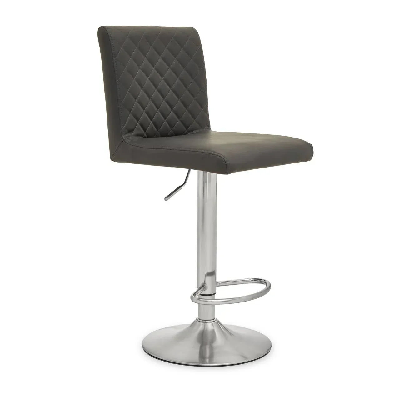 Grey bar stool with quilted backrest and chrome base