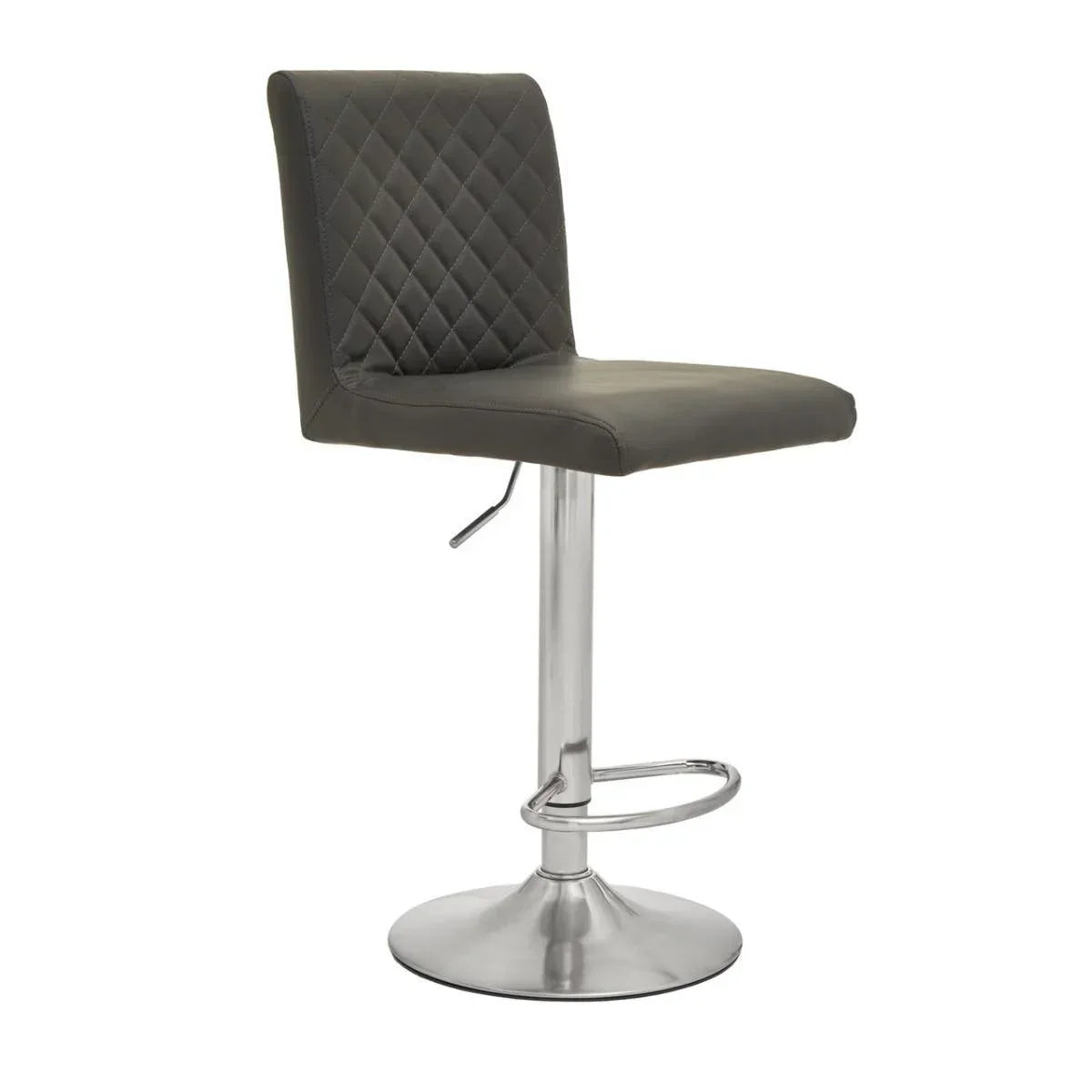Grey bar stool with quilted backrest and chrome base, side angle view