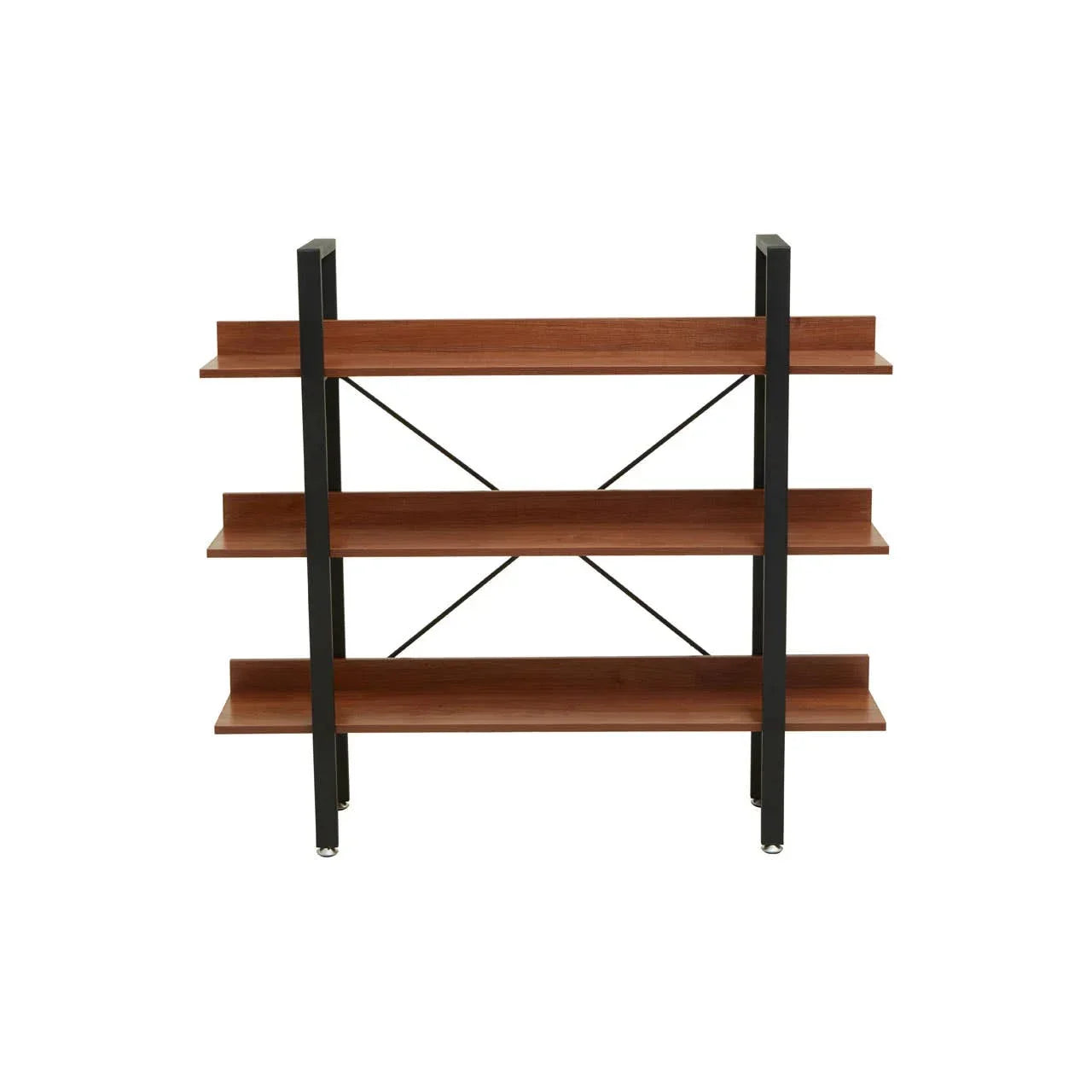 Industrial bookshelf with three wooden shelves and black metal frame, front view