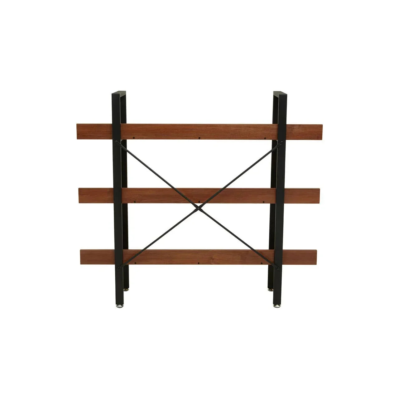 Industrial shelving frame with black metal legs and three horizontal wooden supports