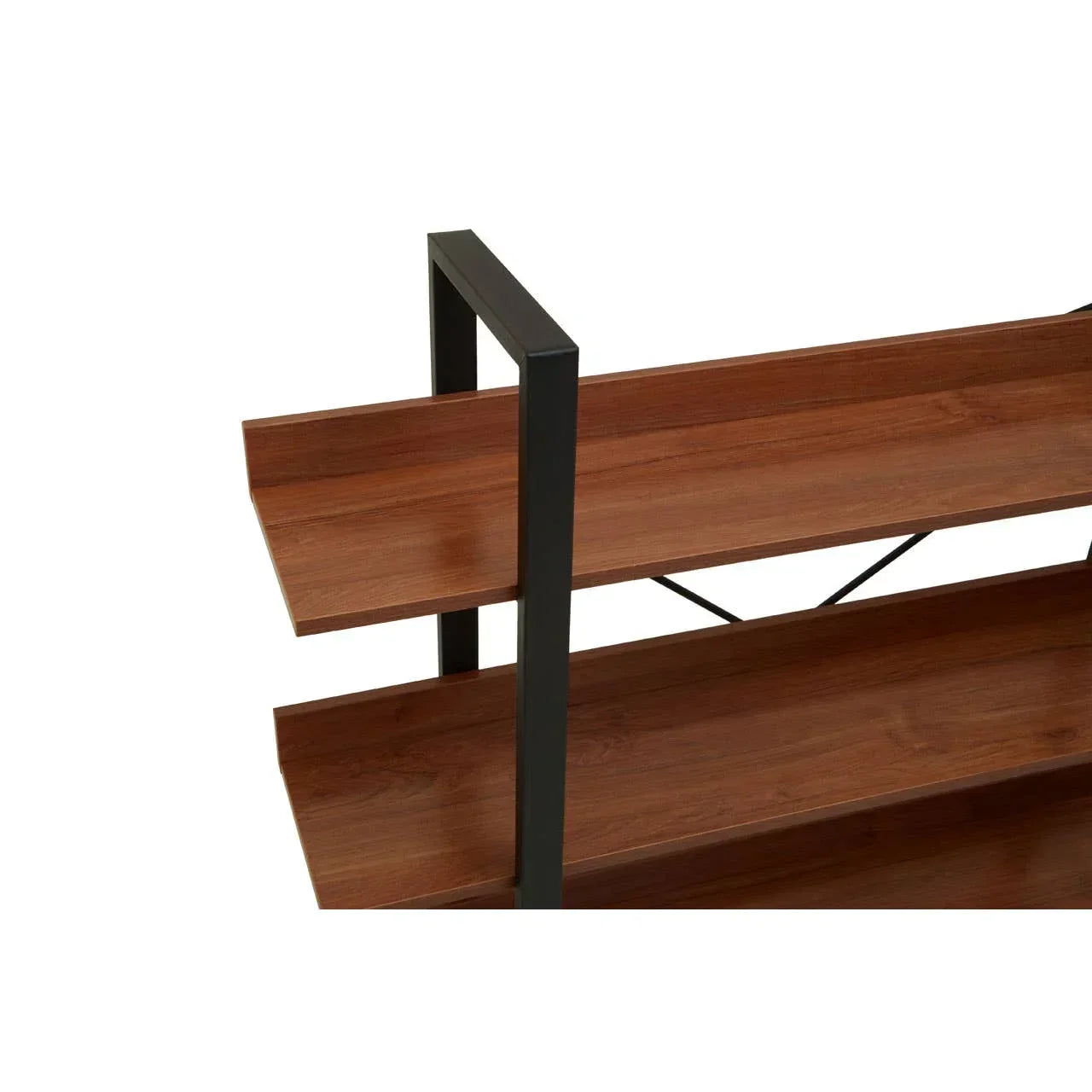 Close view of wooden shelving unit with black metal frame and three tiers
