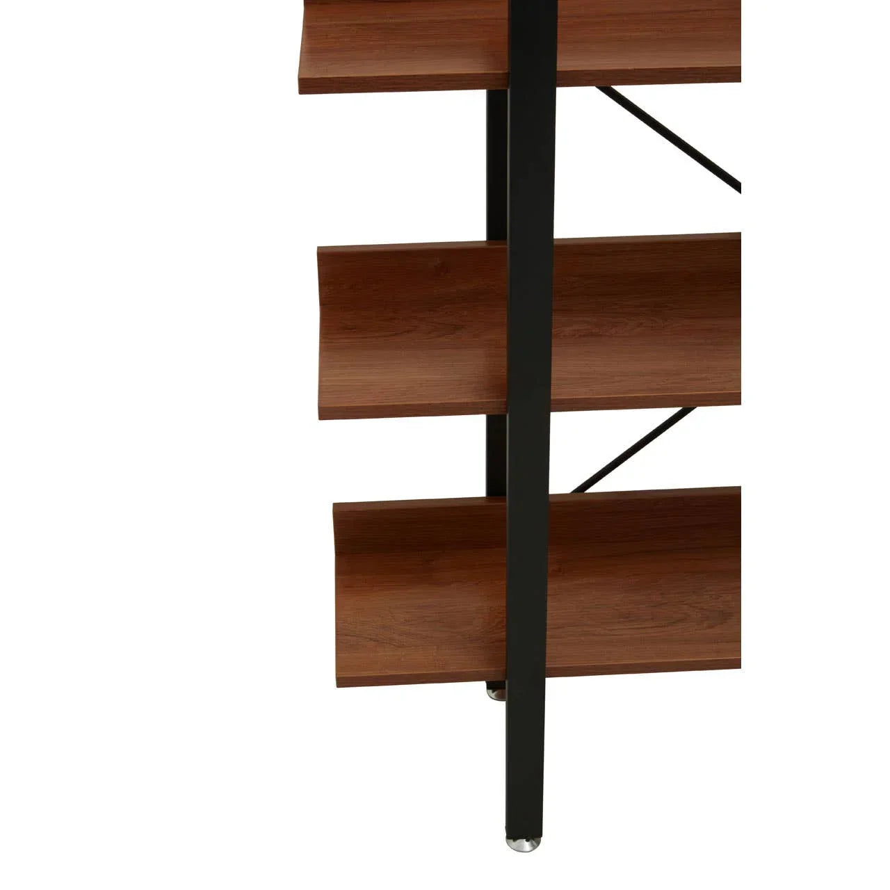 Close view of wooden bookshelf with black metal frame and curved shelves